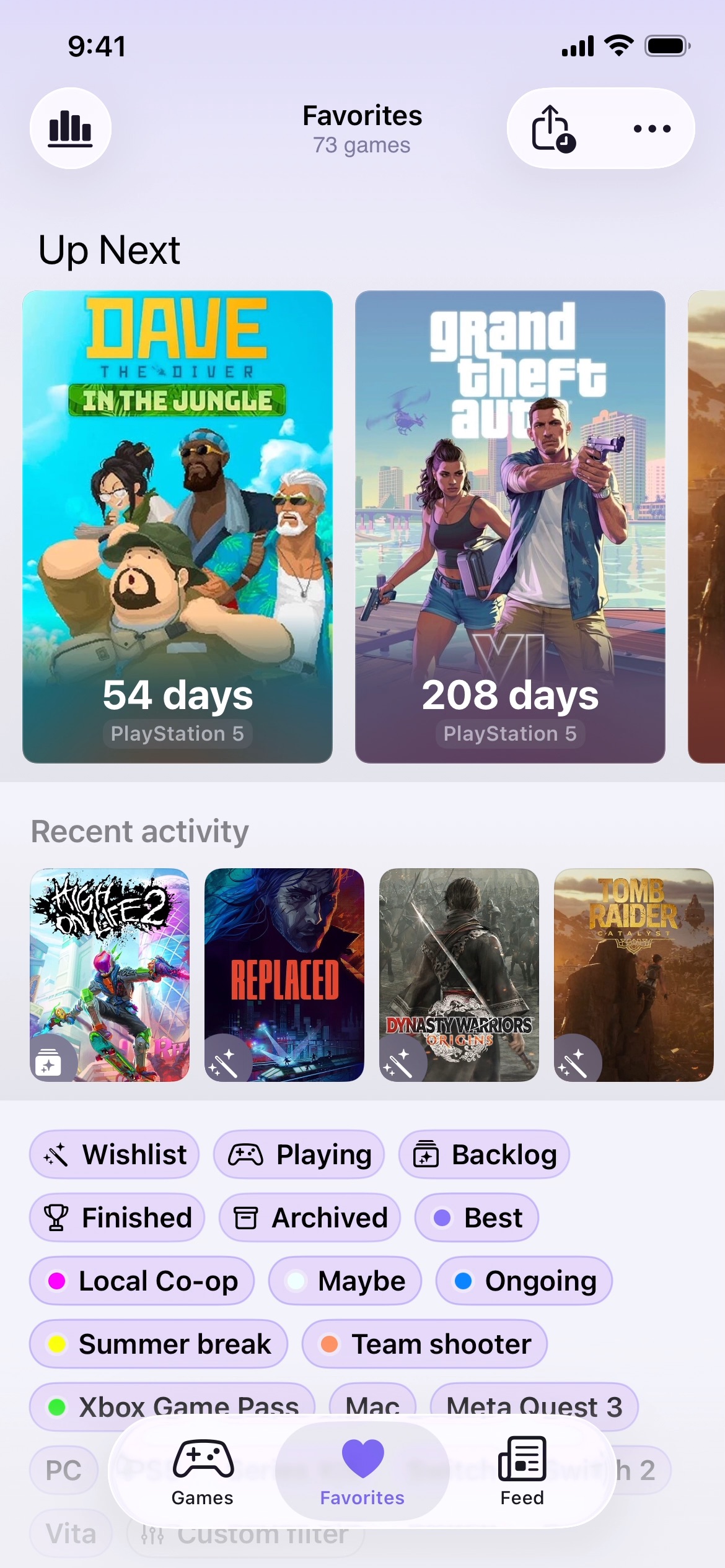 GamingBuddy favorites list for tracking selected games