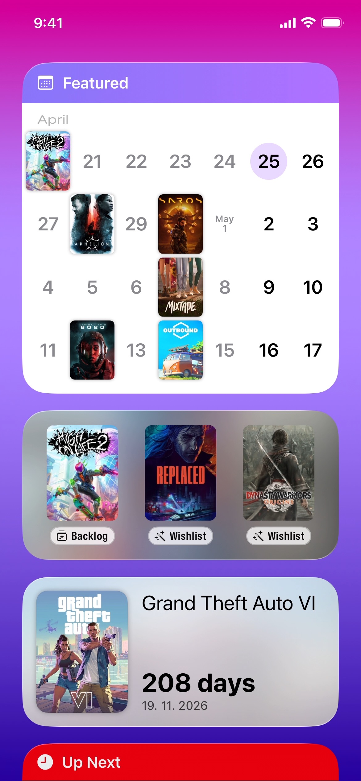 GamingBuddy widgets screen with countdowns and release tracking